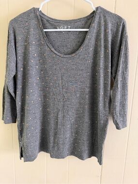 LOFT Gray Long Sleeve Scoop Neck Top with Blush Dot Print